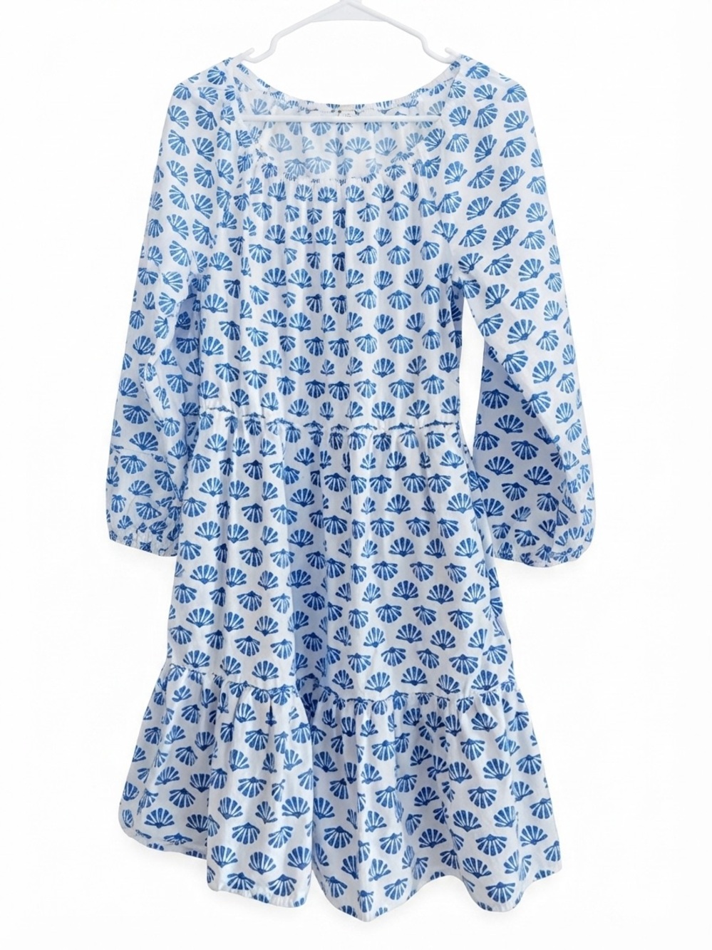Coastal J.Crew Blue & White Seashell Print Long Sleeve Tiered Dress Size 10